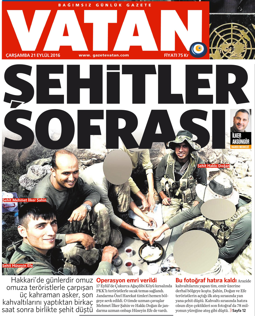 21 Eylül 2016 Vatan Gazetesi 1. sayfa