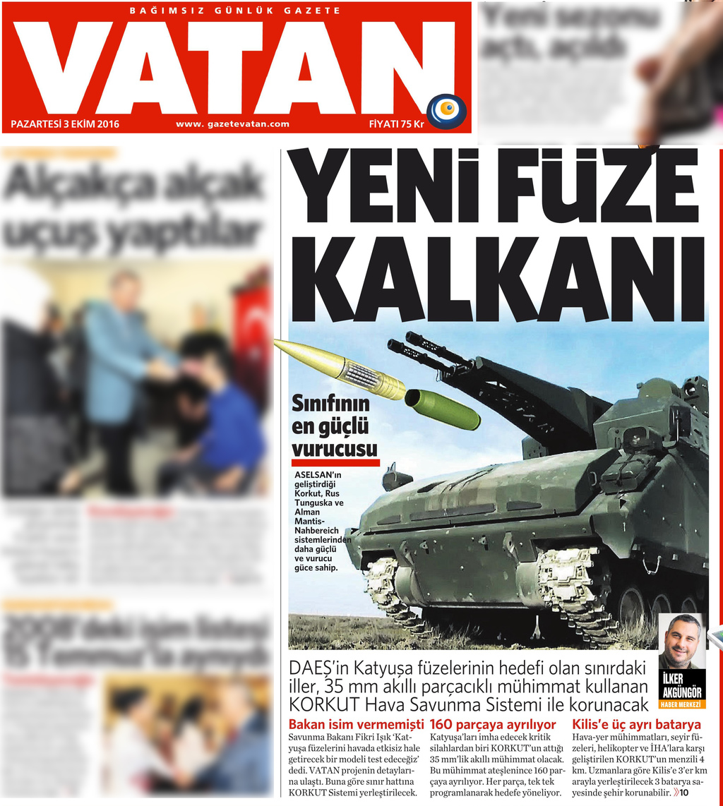 3 Ekim 2016 Vatan Gazetesi 1. sayfa