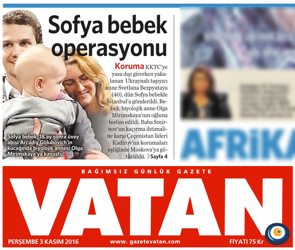 3 Kasım 2016 Vatan Gazetesi 1. sayfa