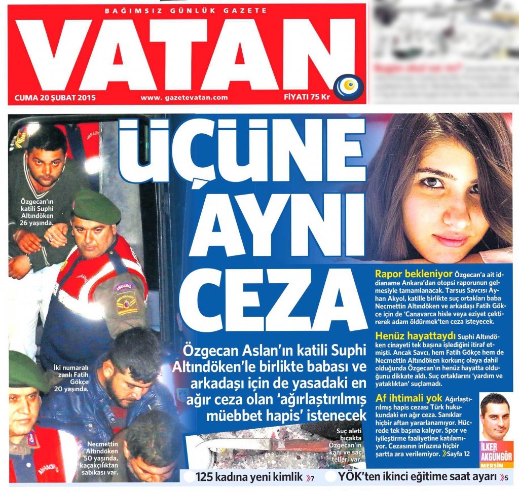 20 Şubat 2015 Vatan Gazetesi 1. sayfa