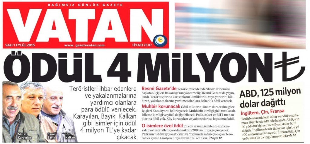 1 Eylül 2015 Vatan Gazetesi 1. sayfa